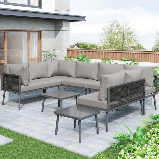 Canapé d'angle extérieur résistant aux intempéries, mobilier de patio extérieur, dormez 8, avec 2 tables et 4 sièges d'amour, coussins inclus