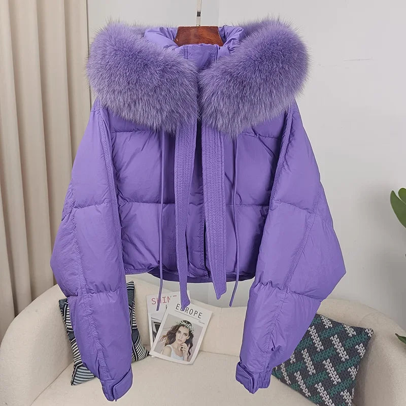 Nouvelle doudoune en duvet pour femmes - Veste d'hiver ample avec col en véritable fourrure de renard et raton laveur - À capuche, épaisse et chaude - Mode streetwear - Extérieur avec parties détachables