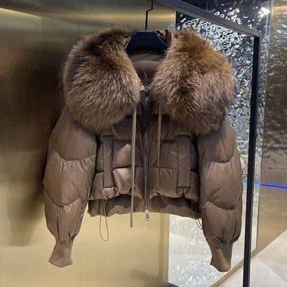 Doudoune d'hiver pour femmes avec capuche et col en fourrure naturelle