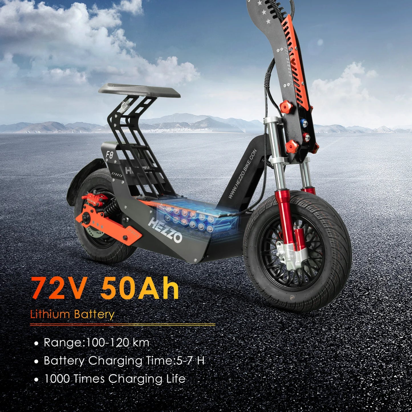 HEZZO F8 Electric Scooter 16 Inch Foldable 72v 8000W 62.5MPH 50Ah Long Range Off Road Escooter Motorbike With Seat US Warehouse