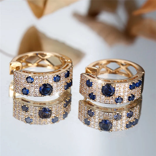 Boucles d'oreilles rondes en pierre de Zircon blanc et bleu pour femmes, bijoux de mariage couleur or à la mode