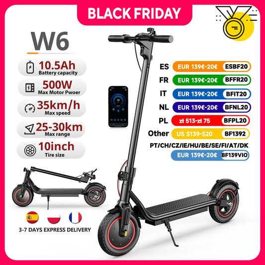 iScooter W6 10 pouces Scooter électrique 500W adulte e-scooter 36V 10.5Ah 35 km/h vitesse Support APP 30km portée ville Scooters électriques
