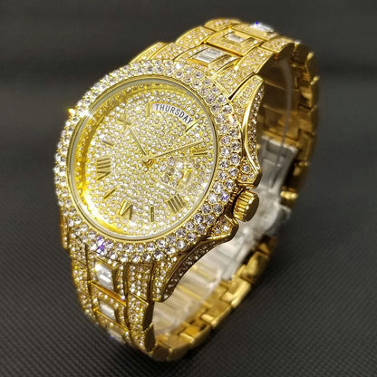 TikTok montre-bracelet en diamant pour hommes de luxe plaqué or 18 carats montres à quartz jour Date discothèque montre de fête unisexe rappeur bijoux