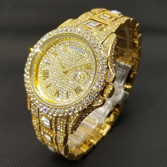 TikTok montre-bracelet en diamant pour hommes de luxe plaqué or 18 carats montres à quartz jour Date discothèque montre de fête unisexe rappeur bijoux