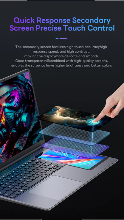 15.6 Inch IPS Dual Screen Gaming Laptop 7 Inch Touch Screen Intel N100 DDR4 16GB RAM 256GB 512GB 1TB SSD Office Portable Laptops