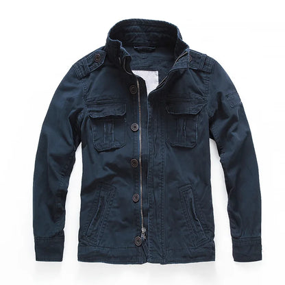 Veste militaire homme en denim – Col roulé, poches pratiques, printemps/automne