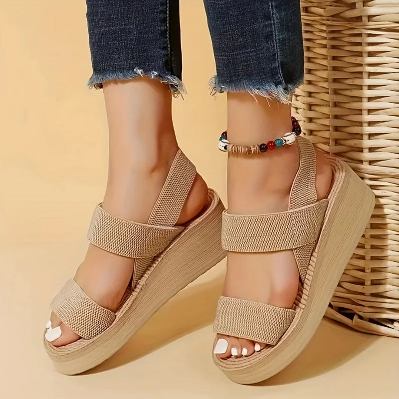 1pair Women's Minimalist Wedge Sandals Open Toe Thick Soled Platform Casual Sandals Ankle Strap Slingback Sandals Solid Color