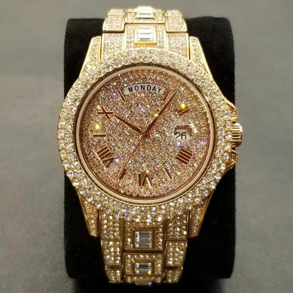TikTok montre-bracelet en diamant pour hommes de luxe plaqué or 18 carats montres à quartz jour Date discothèque montre de fête unisexe rappeur bijoux