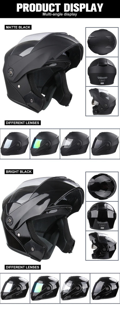 Uchoose Casque à Section transversale Double lentille Certification DOT Casque de moto de sécurité Casque à rabat modulaire Casque unisexe avec visière