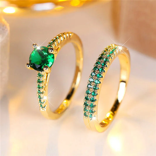 Ensemble de bagues de fiançailles rondes en pierre de Zircon vert cristal pour femmes, bijoux de mariage de luxe couleur or jaune pour femmes