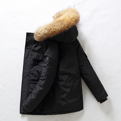 Doudoune de Luxe Homme – Longue, Chaude et Légère, Col en Fourrure Amovible, Hiver