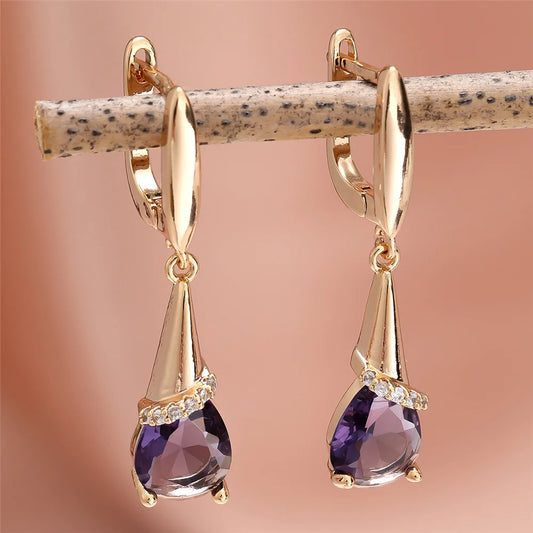 Boucles d'oreilles élégantes en pierre de Zircon violet pour femmes, goutte d'eau, couleur or, mignonnes, style Boho, bijoux de mariage pour femmes