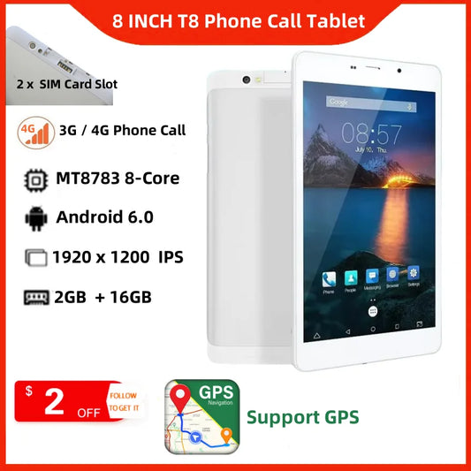 Tablette Android 6.0 8 pouces T8 3G/4G appel téléphonique 1920x1200 Pixels MTK8783 octa-core 2GB RAM 16GB ROM prise en charge GPS double carte SIM