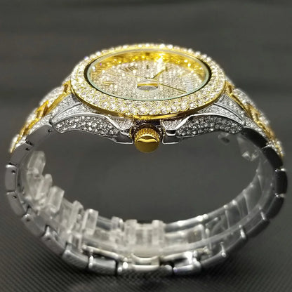 TikTok montre-bracelet en diamant pour hommes de luxe plaqué or 18 carats montres à quartz jour Date discothèque montre de fête unisexe rappeur bijoux