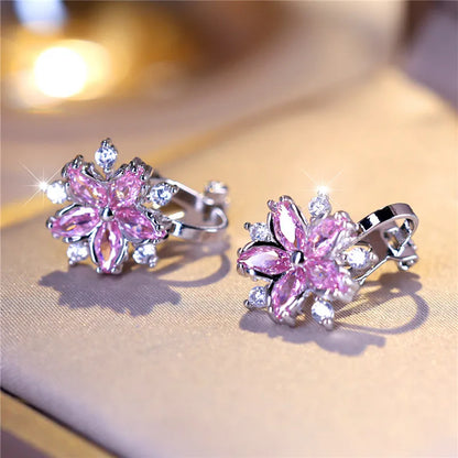 Boucles d'oreilles de luxe en pierre de Zircon rose pour femmes, petites boucles d'oreilles à Clip, couleur argent, bijoux de mariage pour femmes