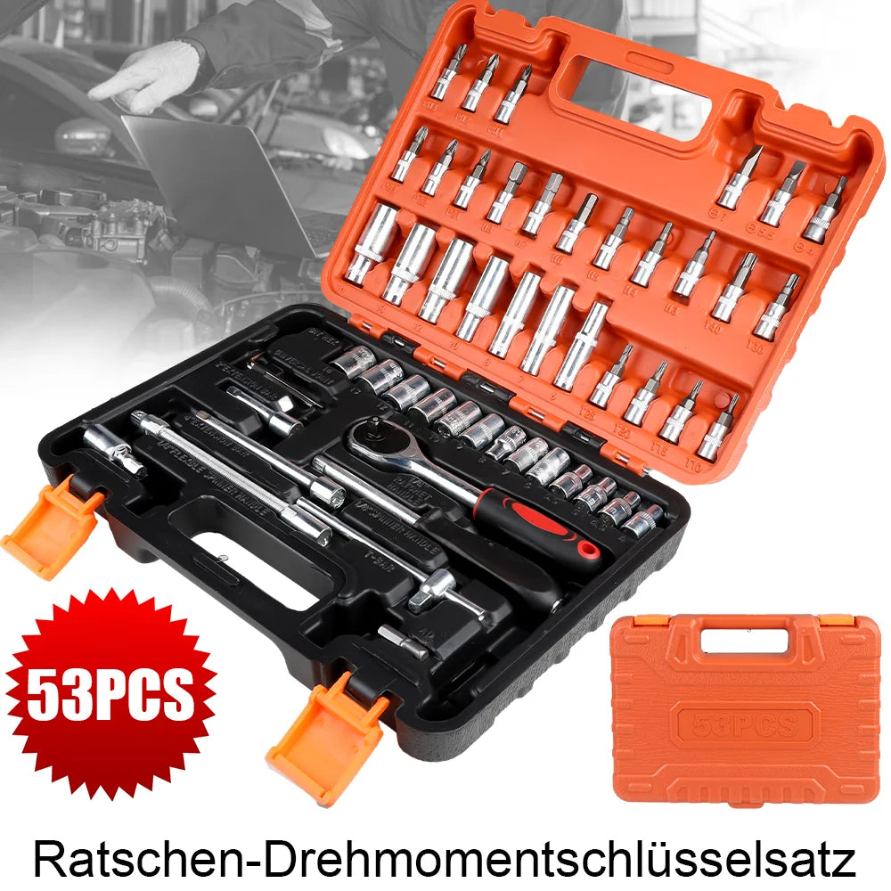 53 pièces/ensemble Kit d'outils de réparation de voiture jeu de douilles d'entraînement outils de réparation de voiture clé dynamométrique à cliquet Combo outil de réparation automobile jeu de douilles d'embout