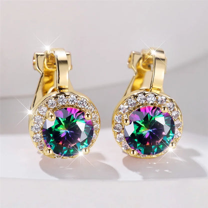 Boucles d'oreilles rondes en pierre de Zircon arc-en-ciel pour femmes, petites boucles d'oreilles à Clip, breloque couleur or jaune, bijoux de mariage pour femmes