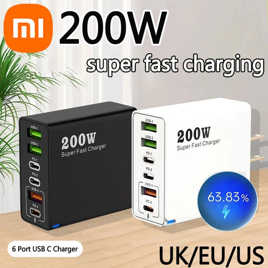 Xiaomi 200W charge Super rapide 6 ports USB C chargeur PD3.0 USB C Type C chargeur de téléphone portable pour iPhone 16 Samsung Xiaomi ipad