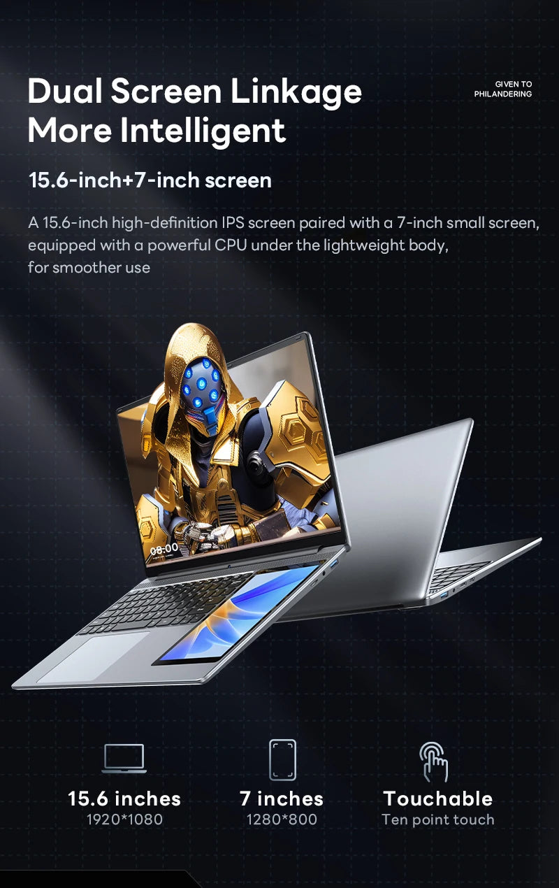 15.6 Inch IPS Dual Screen Gaming Laptop 7 Inch Touch Screen Intel N100 DDR4 16GB RAM 256GB 512GB 1TB SSD Office Portable Laptops