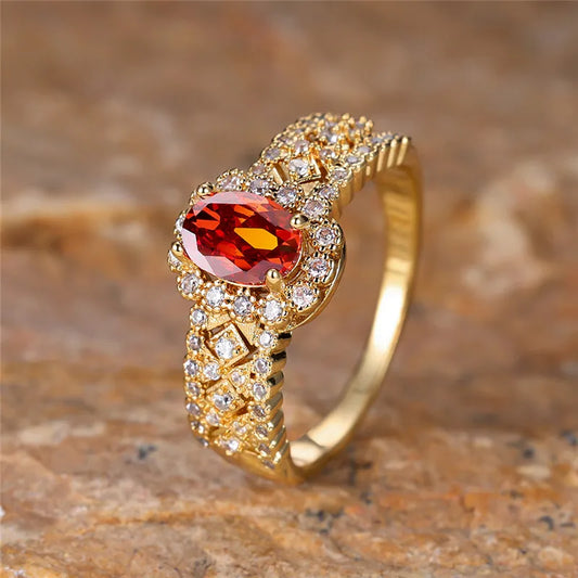 Bague ovale en pierre de cristal rouge, bracelet de fiançailles en Zircon blanc, bagues de mariée de luxe de couleur or jaune pour femmes, bijoux en pierre de naissance de juillet