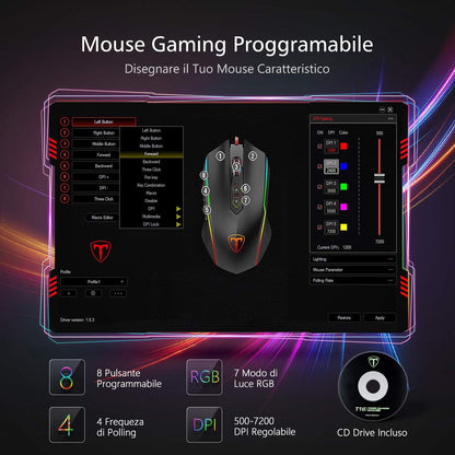 Souris de Jeu Filaire VIVIJO - 7 Modes RGB, 8 Boutons Programmables, 7200 DPI - Haute Performance pour PC