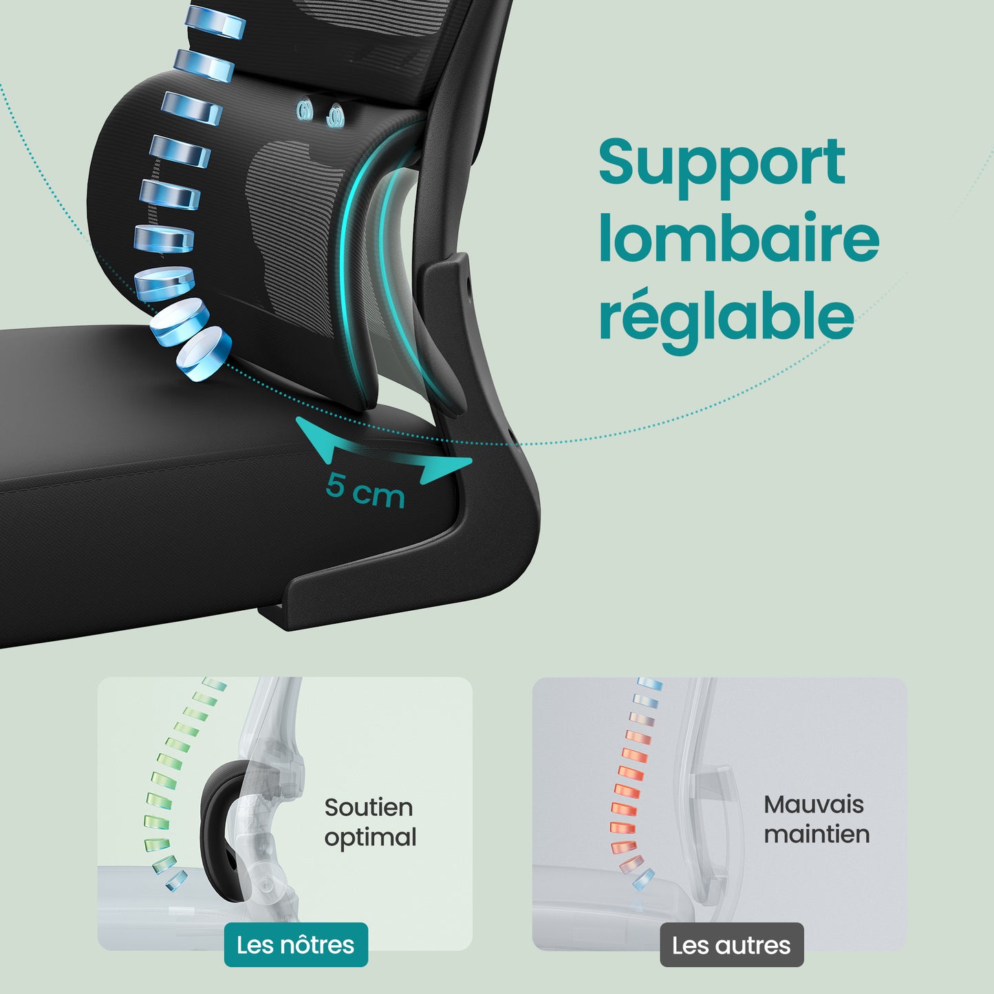Fauteuil de Bureau SONGMICS 16V932071 – Ergonomique, Repose-Tête et Lombaires Réglables, Rotation 360°