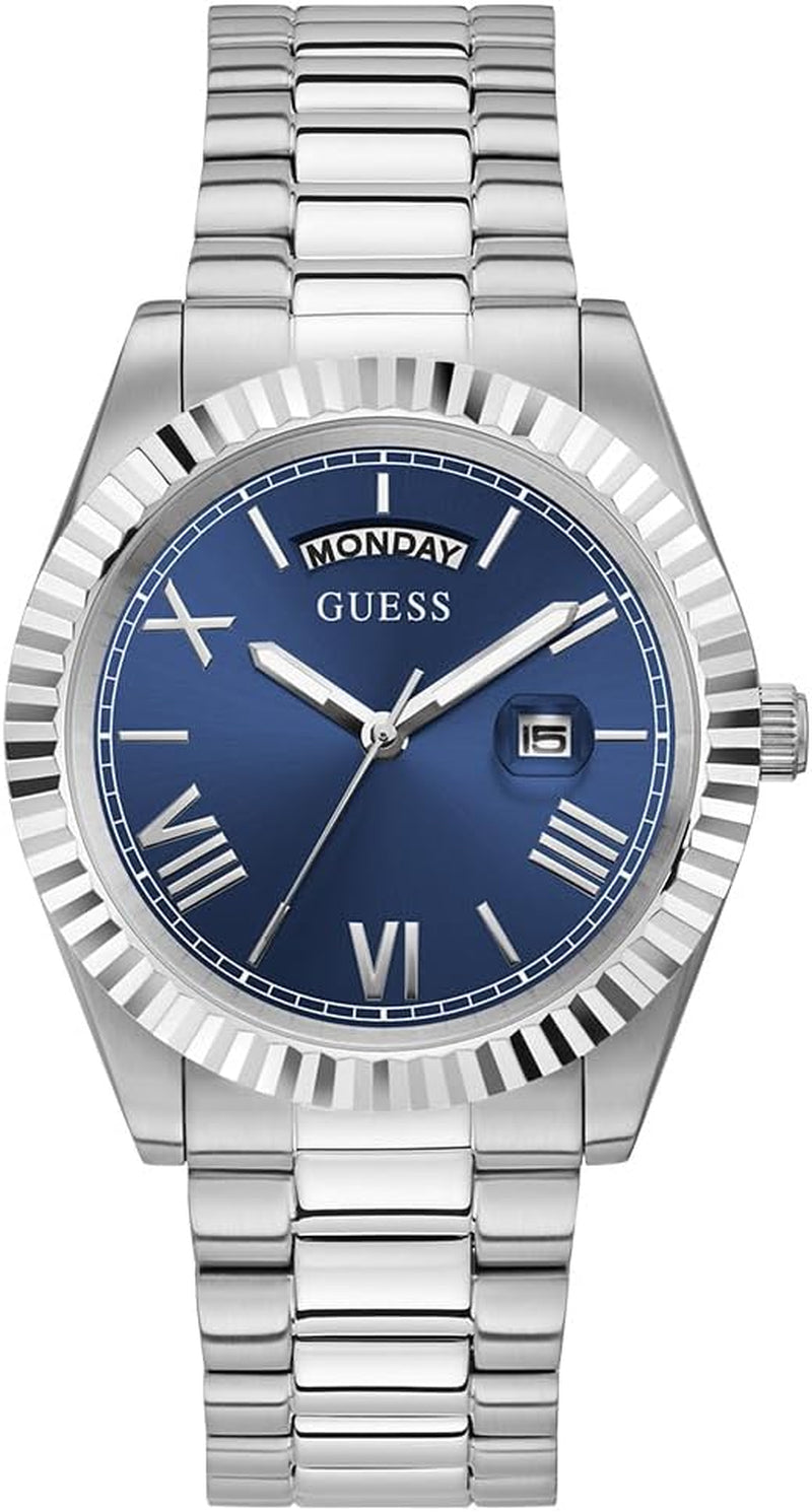 Montre GUESS pour homme de 42 mm – Bracelet argenté, cadran bleu, boîtier argenté.