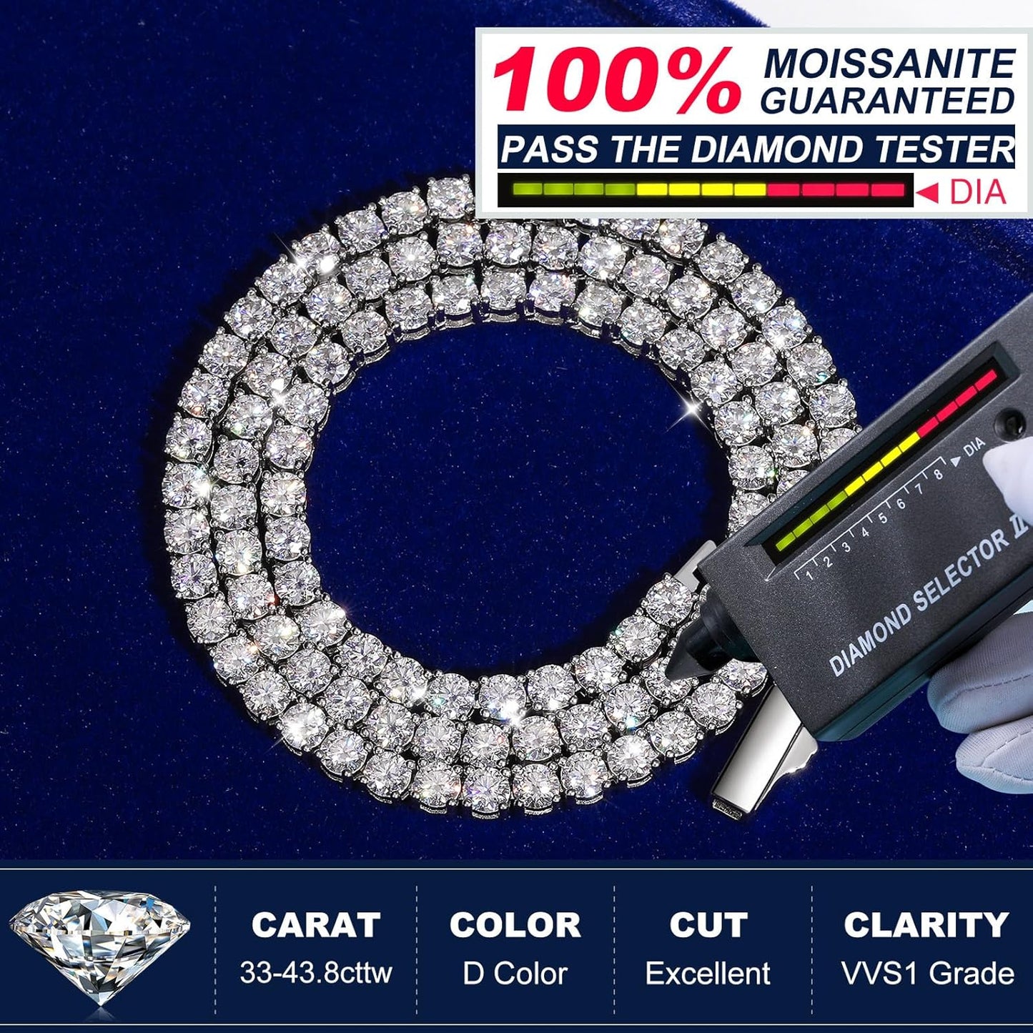 Collier Tennis Moissanite – 12.4 à 43.8 Carats, Argent 925 Plaqué Or Blanc 18K