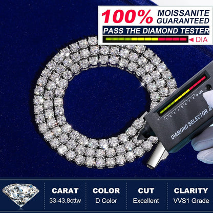 Collier Tennis Moissanite – 12.4 à 43.8 Carats, Argent 925 Plaqué Or Blanc 18K