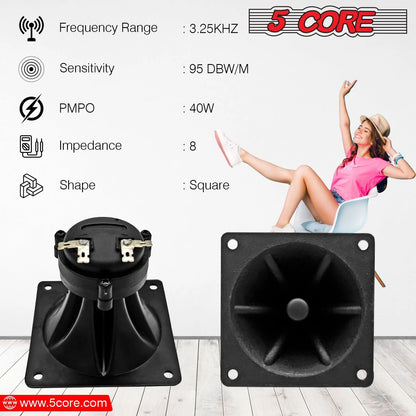 Tweeter 5Core 3,25" x 3,25" 40W Composant Carré Remplacement Super Horn Haute Puissance