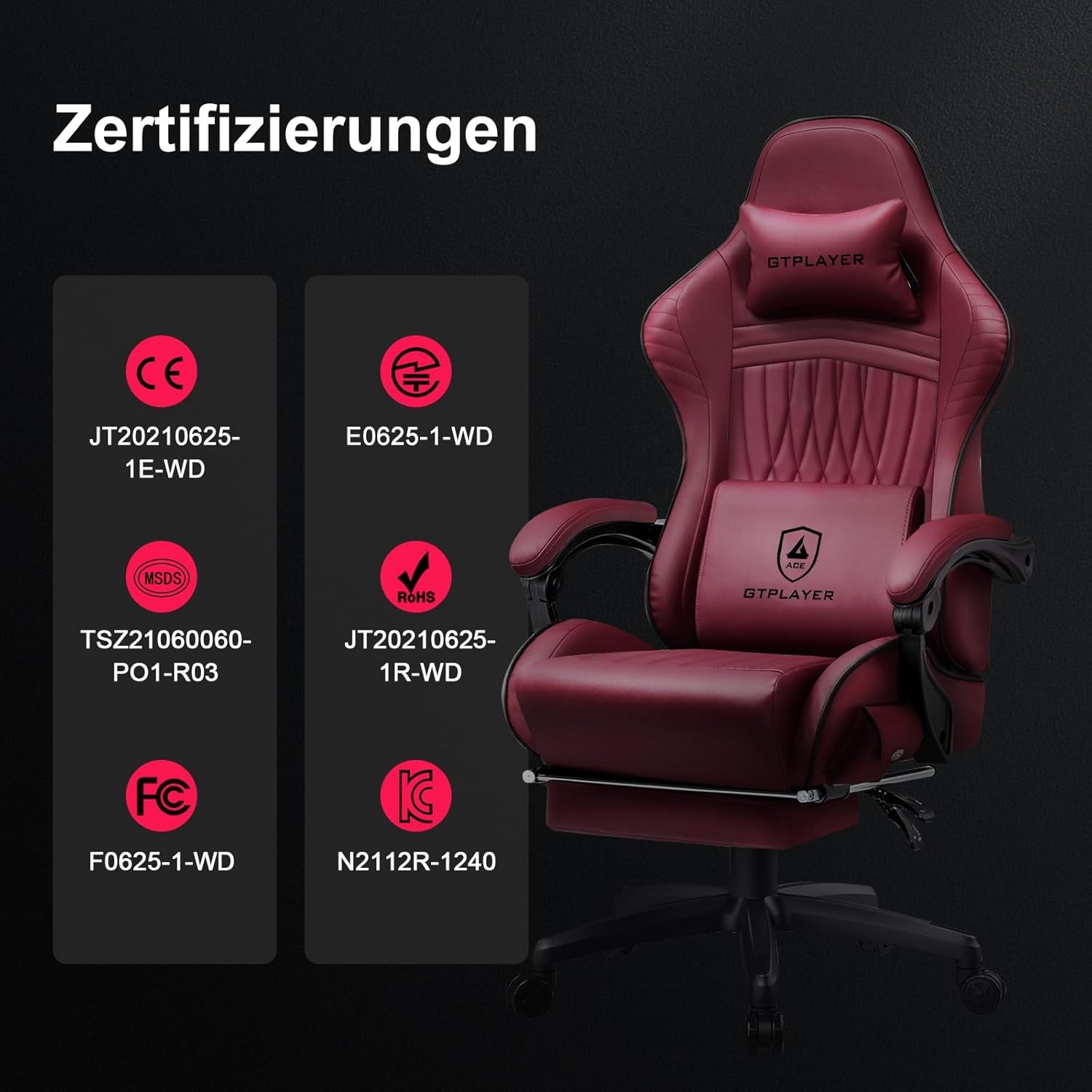 Chaise Gaming Ergonomique avec Haut-Parleurs Bluetooth et Repose-Pieds – Vin Rouge