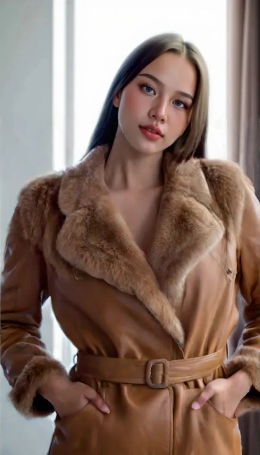 Veste en cuir GRAN ORIENTE  pour femme avec col en fourrure syntétique, manteau parka d'hiver à manches longues.